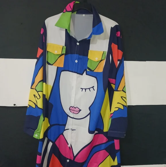 Women faces collage printed multicolor buttoned maxi dress - Picture 4 of 13